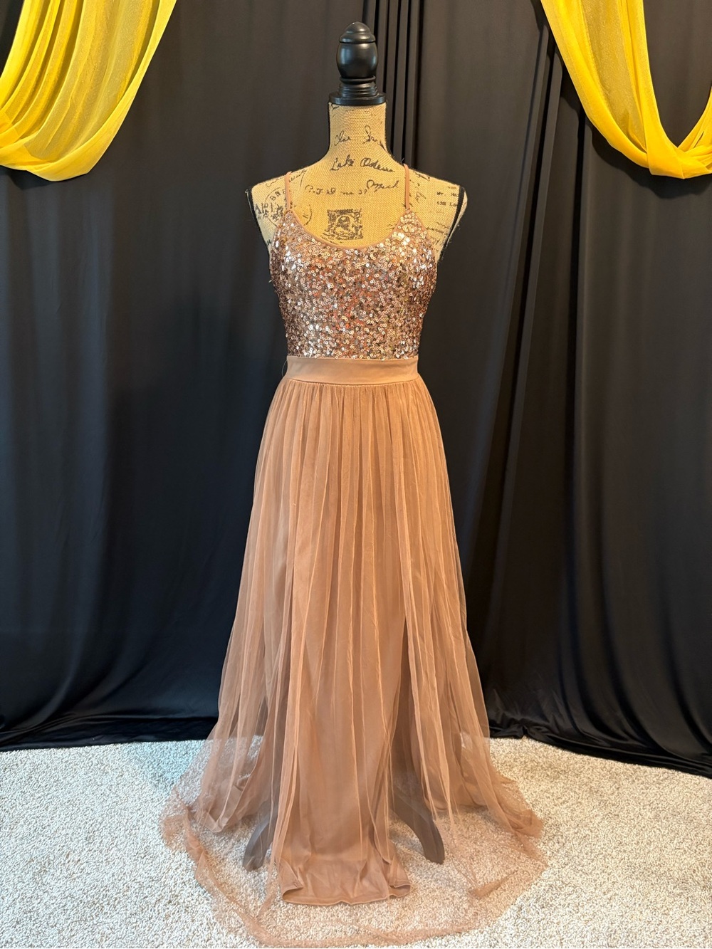 Blush Rose Gold Sequin Bodice Tulle Skirt Gown